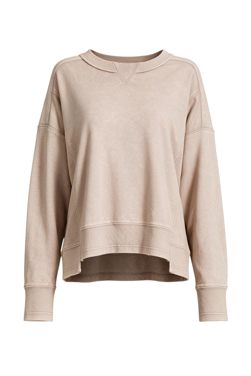 Trestles Clothing Company ash mocha mineral washed oversized cotton sweatshirt with a high low uneven hem